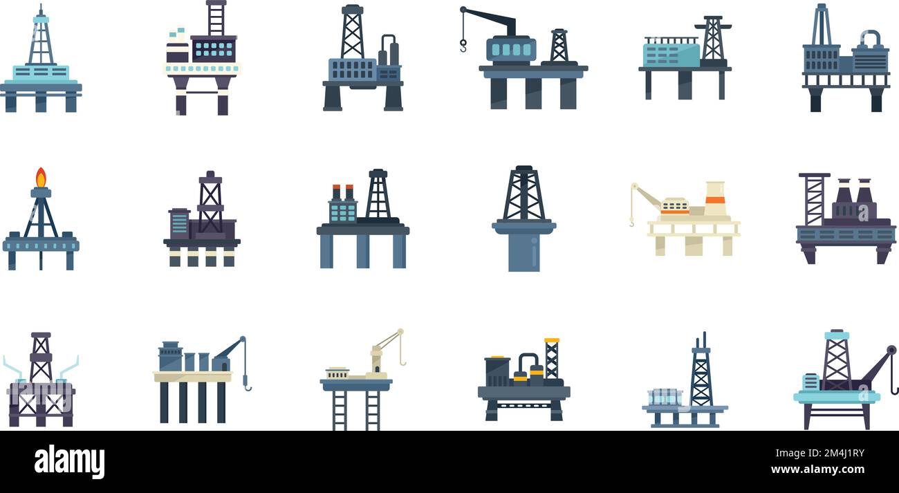 Sea drilling rig icons set flat vector. Oil industry. Power platform