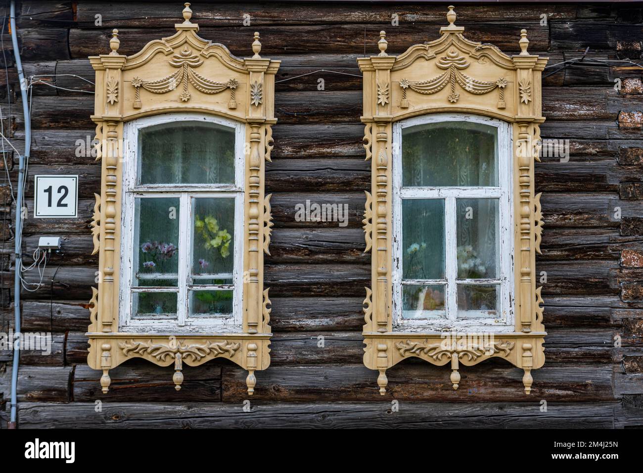 Detail woodwork, Old wooden house, Tomsk, Tomsk Oblast, Russia Stock Photo