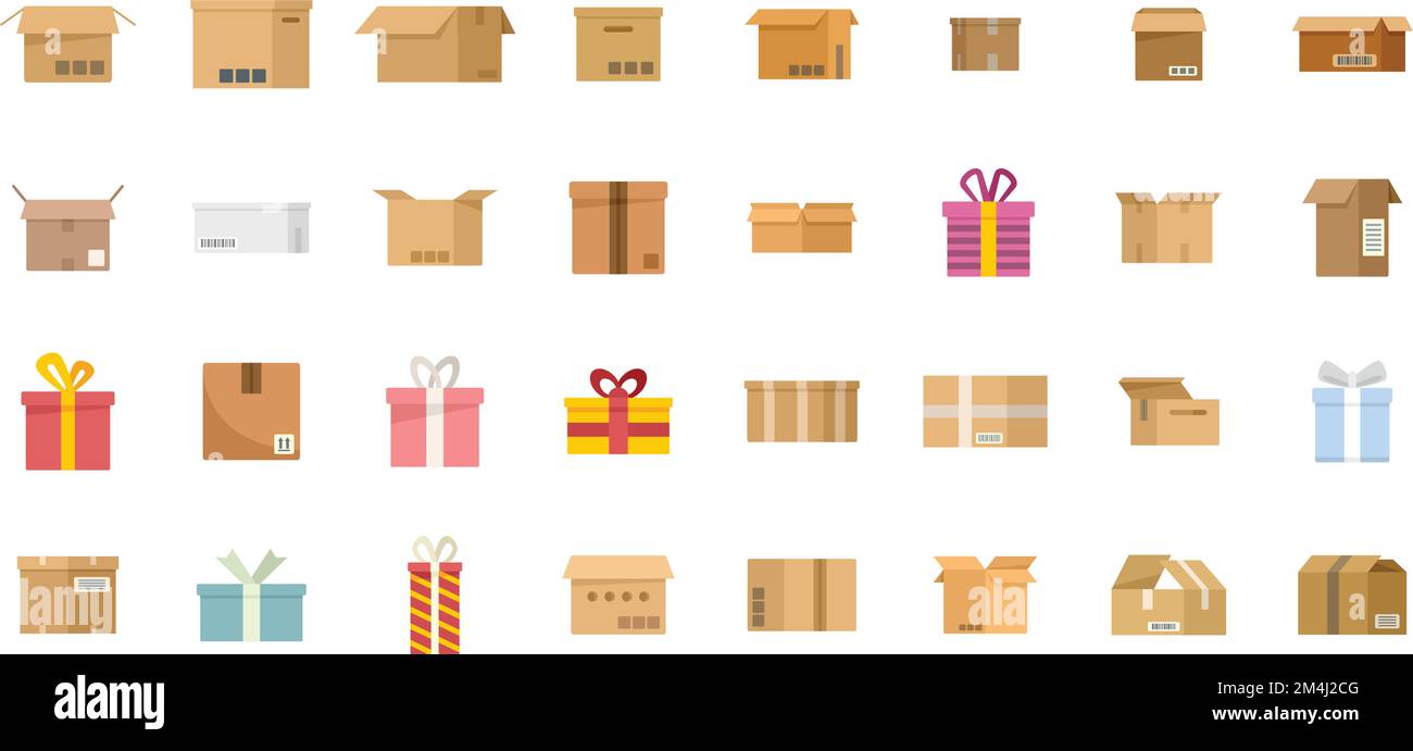 Box icons set flat vector. Gift present. Close surprise isolated Stock ...