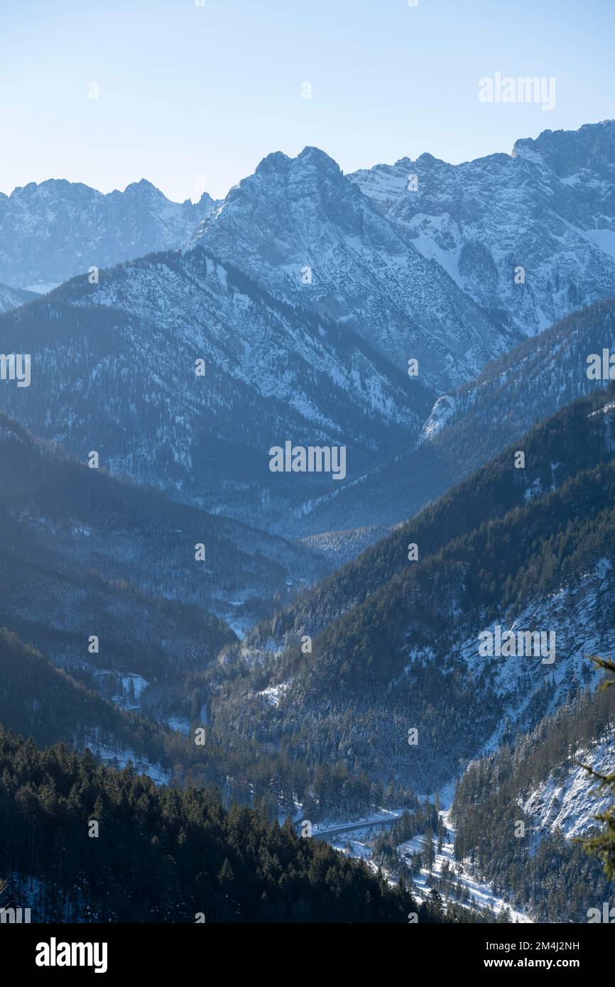 Mountain valley in winter, narrow valley, Karwendel mountains, Alps in good weather, Tyrol, Austria Stock Photo