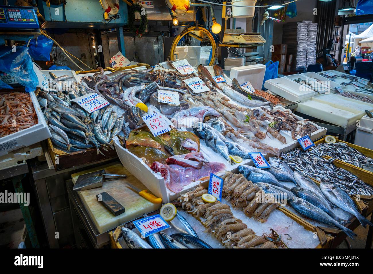 Raw fish at a stall, fish market, central market, Athens, Greece Stock