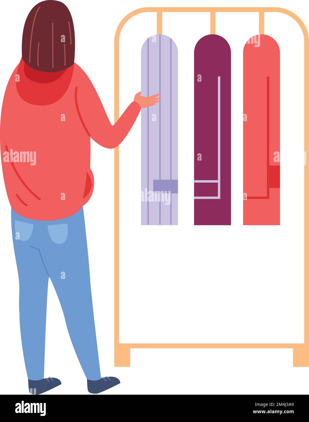 Woman choosing outfit in wardrobe. Person dressing in clothes store