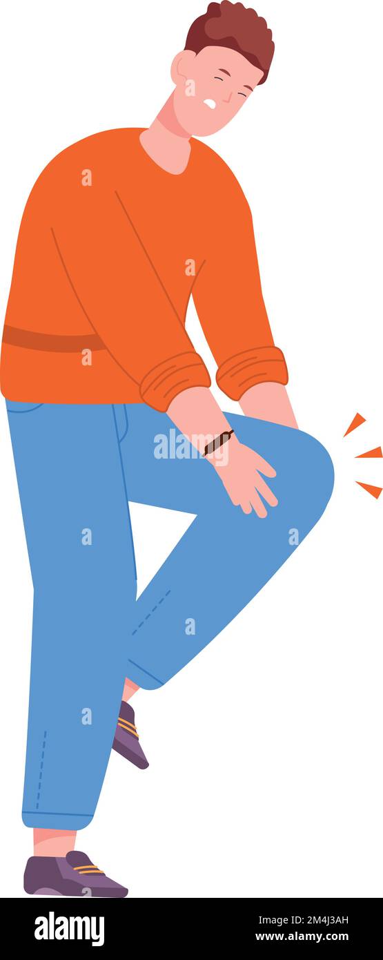 Young guy with hurting knee. Person with leg pain isolated on white