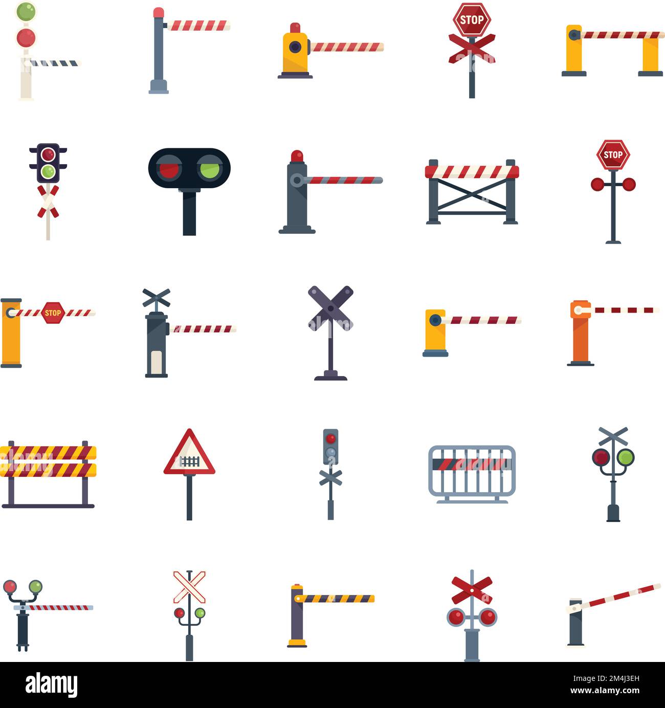 Railroad barrier icons set flat vector. Crossing railway. Sign barrier isolated Stock Vector