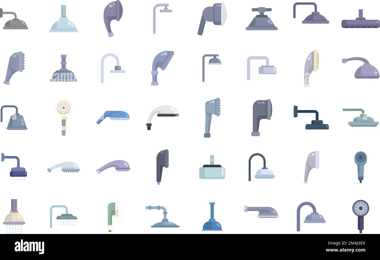Shower heads icons set flat vector. Water bathroom. Falling hose