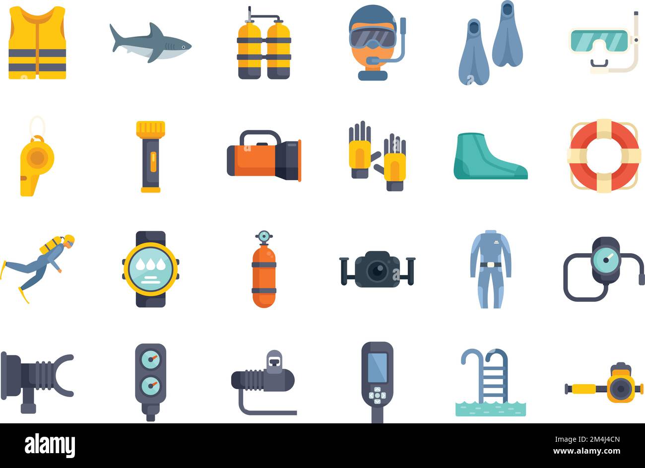 Diving school icons set flat vector. Beach active. Dive exercise ...