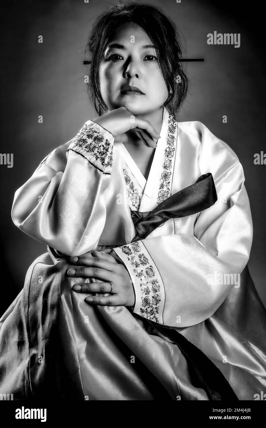 Woman in Korean traditional traditional costume, Korean woman in Hanbok, Korea, black and white photo Stock Photo