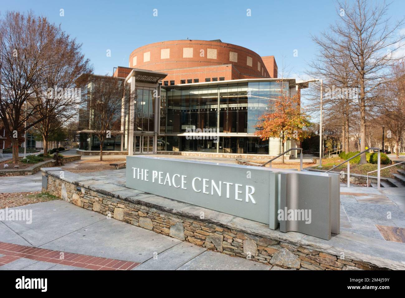 The Peace Center sign in front of the performing arts center in downtown Greenville, South Carolina. Stock Photo