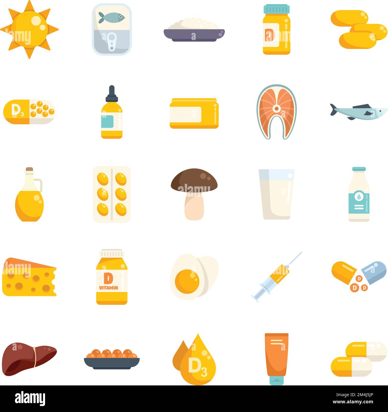 Vitamin D icons set flat vector. Medical supplement. Omega health isolated Stock Vector