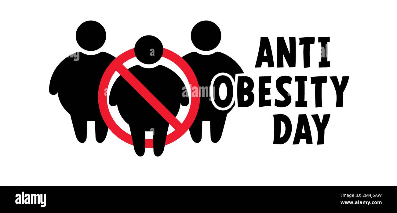 Cartoon world obesity day or celebration. Obese people on unhealthy with BMI, overweight, obesity problem. Fat, calories man or woman. Body mass index Stock Photo