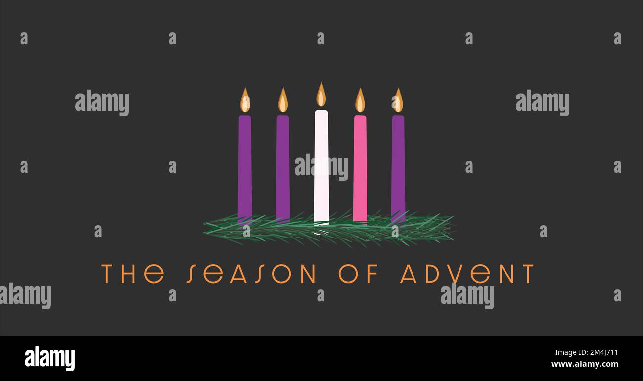 The Season of Advent, with four purple and pink candles of Advent plus the candle of Christ in the center with a wreath. Stock Vector