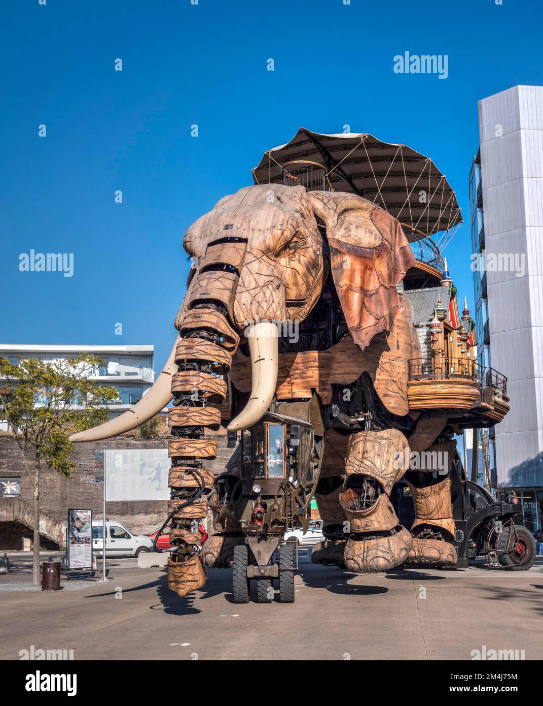 The tourist attraction at the art studio Les Machines de l'ile is a giant mechanical elephant, Nantes Island, Nantes, Loire-Atlantique, Brittany Stock Photo