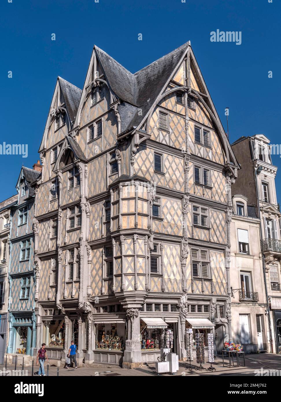 Place of interest is the carved house of Adam, Maison dAdam, oldest half-timbered house in the town, at the intersection of Rue Montault and Place Stock Photo