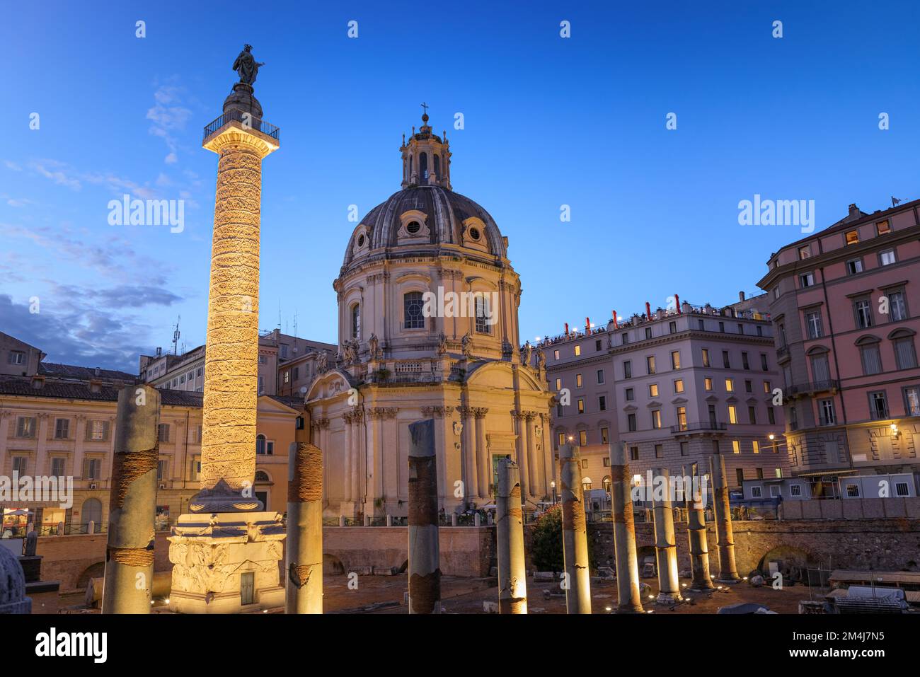 Urban view of Rome: the Trajan’s Forum and the Church of the Most Holy Name of Mary, Italy. Stock Photo