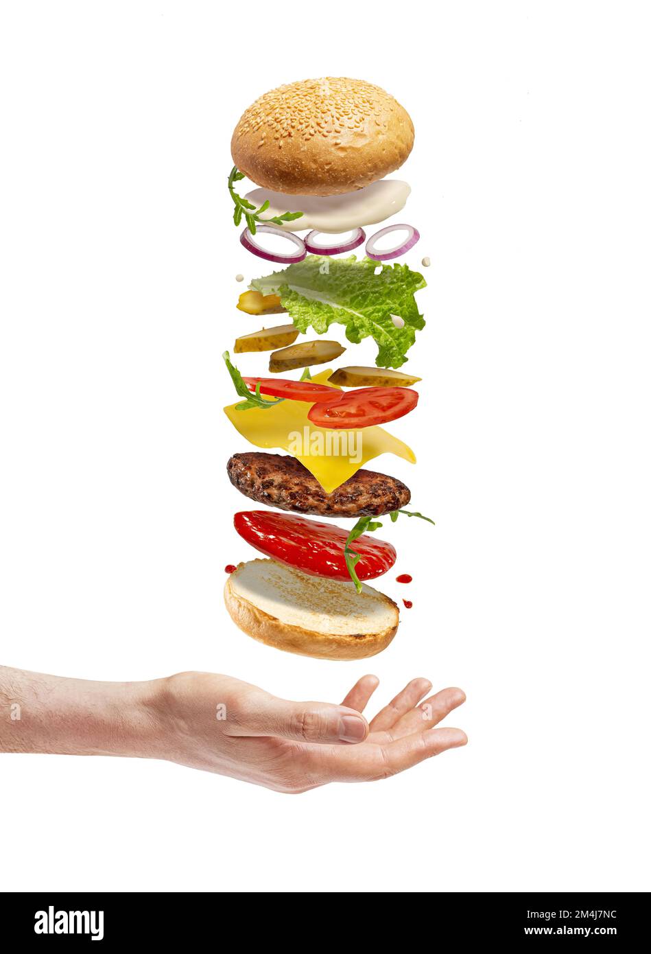 flying burger on a white background. burger ingredients Stock Photo - Alamy