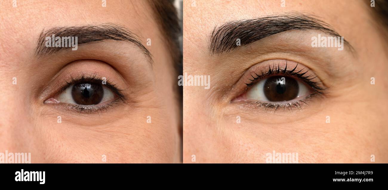 Eyelash lamination. Woman eye before and after treatment lash lift