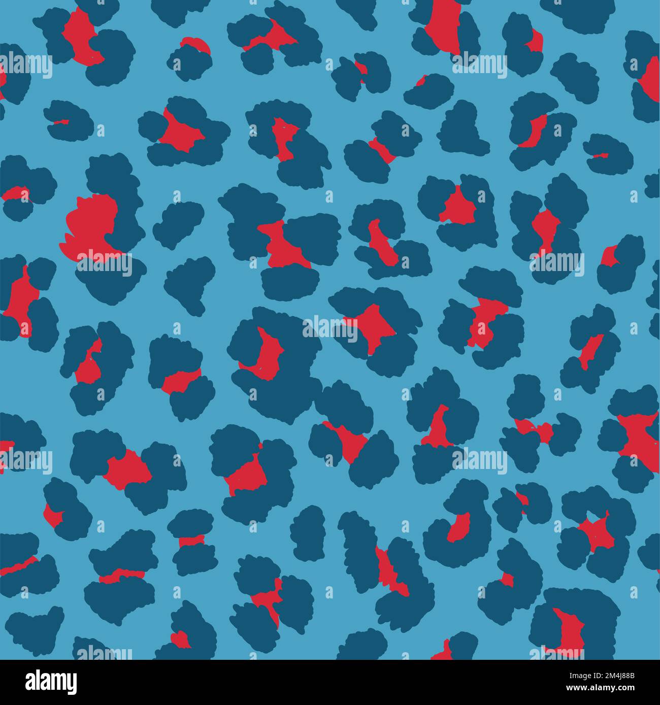 Seamless leopard pattern print in bright blue, navy blue and cherry red. Stock Vector
