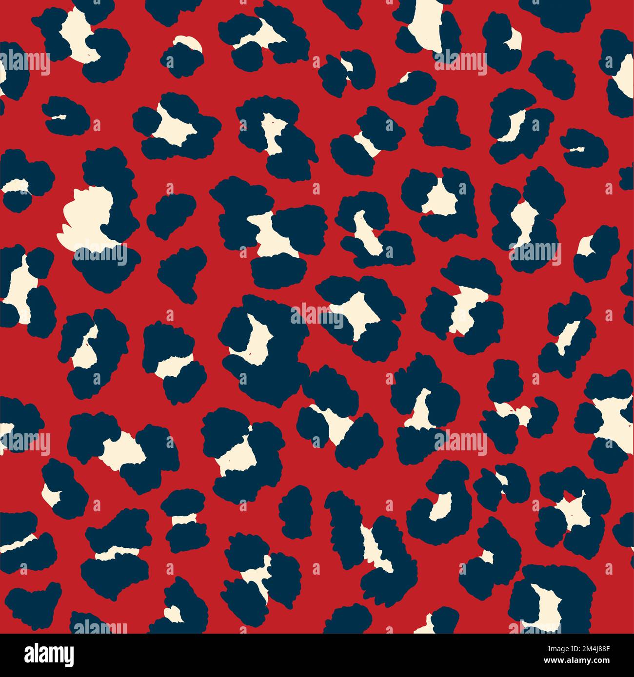 Seamless leopard pattern print in deep red, navy and off-white. Stock Vector