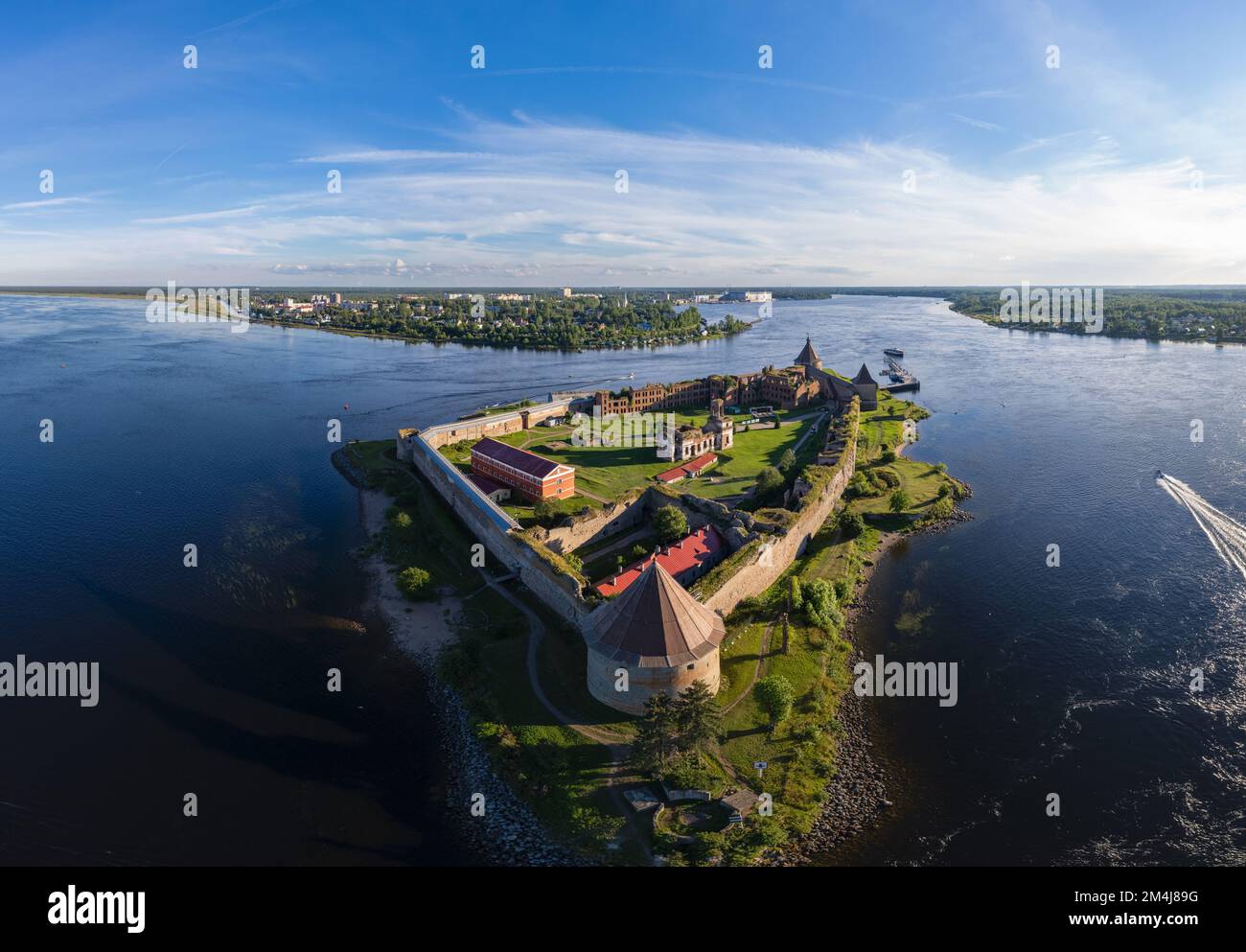 Europe. Russia, Leningrad region, St. Petersburg, Aerial panoramic view on fortress Oreshek near Schlesselburg town. Ancient Russian fort on island in Stock Photo