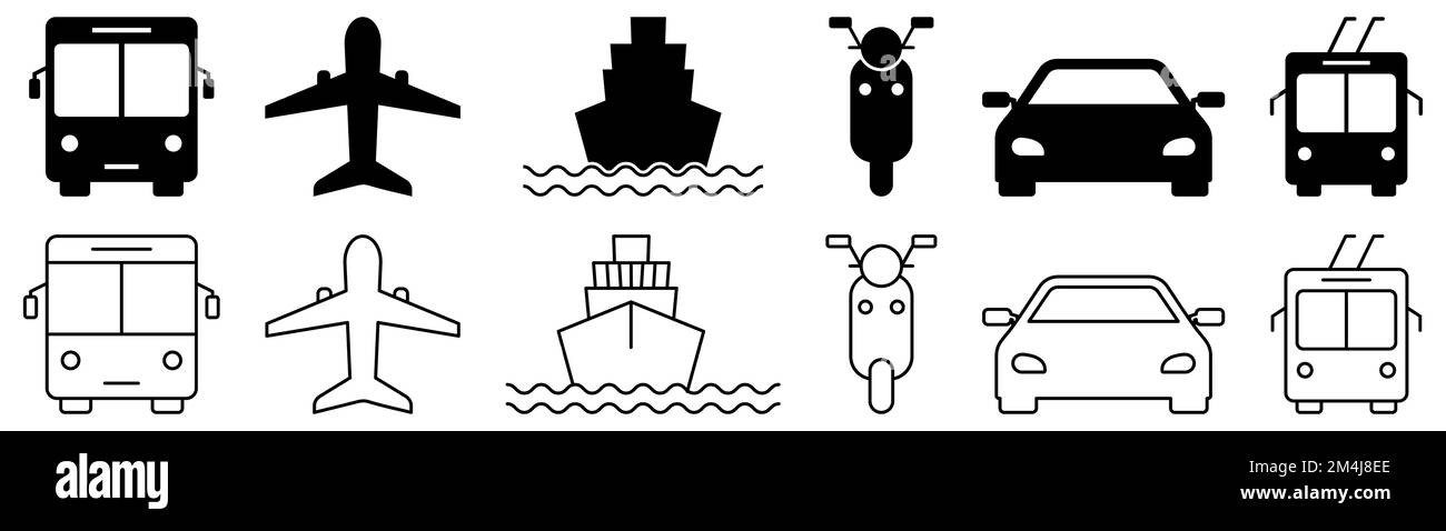 Set of transportation icons. Public bus, airplane, ship, scooter, car and tram in line and flat design. Vector illustration Stock Vector