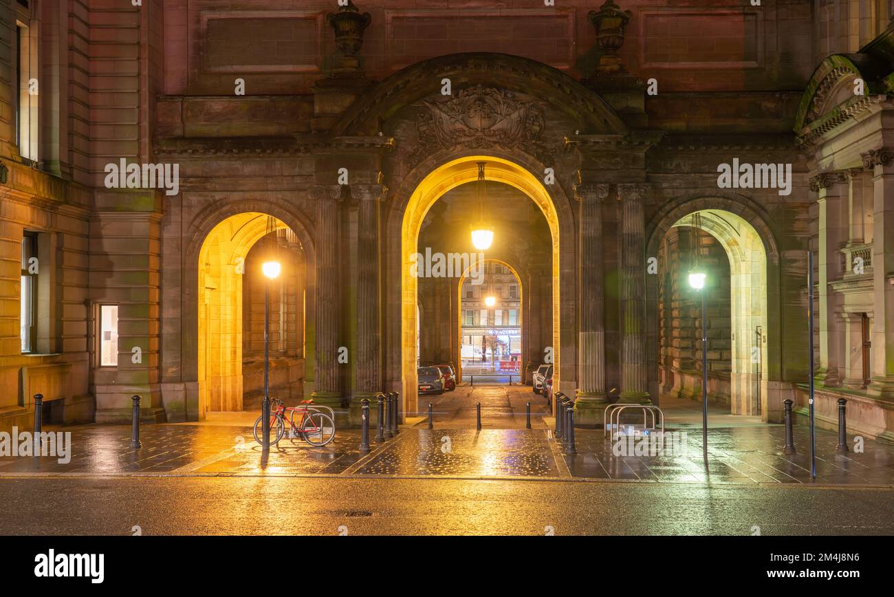 Glasgow City Chambers rear entrance on John Street (The front of the building is on George Square), on a cold December evening 2022. Stock Photo
