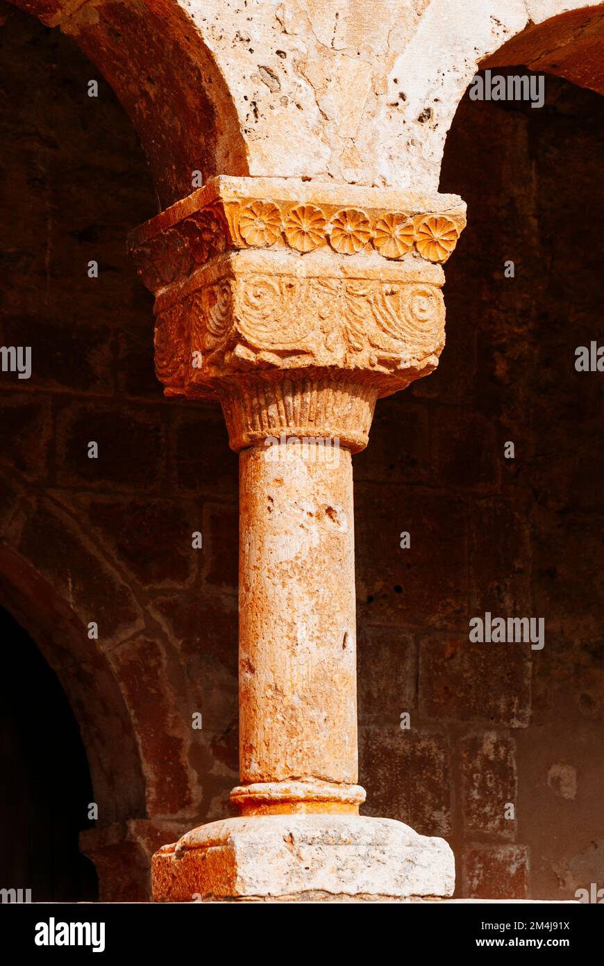 Capital detail. Church of San Miguel, historical-artistic monument, is located in Andaluz. Church of Romanesque origin whose construction began in the Stock Photo