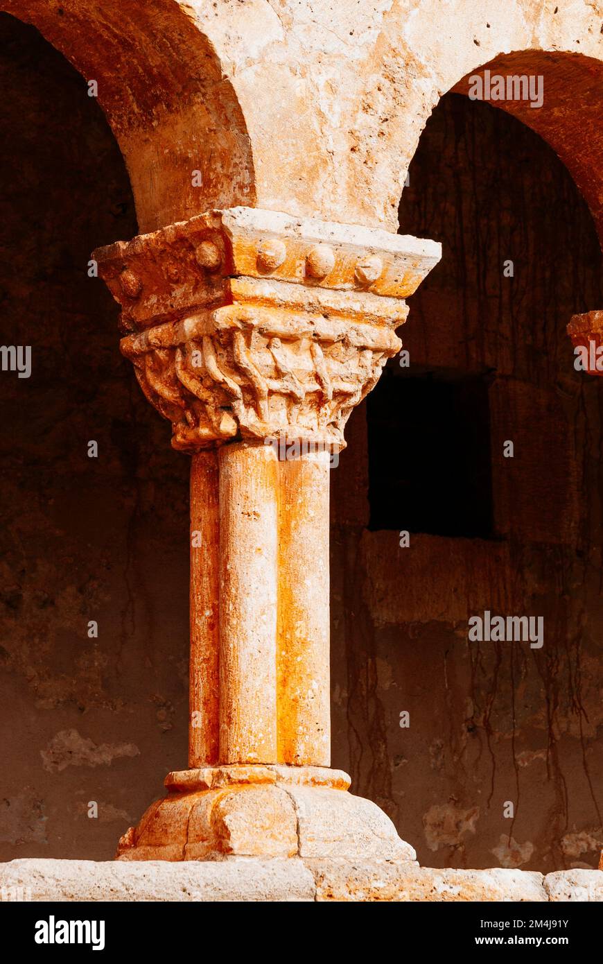 Capital detail. Church of San Miguel, historical-artistic monument, is located in Andaluz. Church of Romanesque origin whose construction began in the Stock Photo