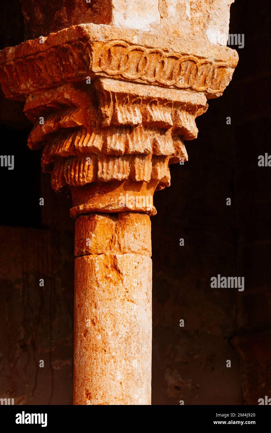 Capital detail. Church of San Miguel, historical-artistic monument, is located in Andaluz. Church of Romanesque origin whose construction began in the Stock Photo
