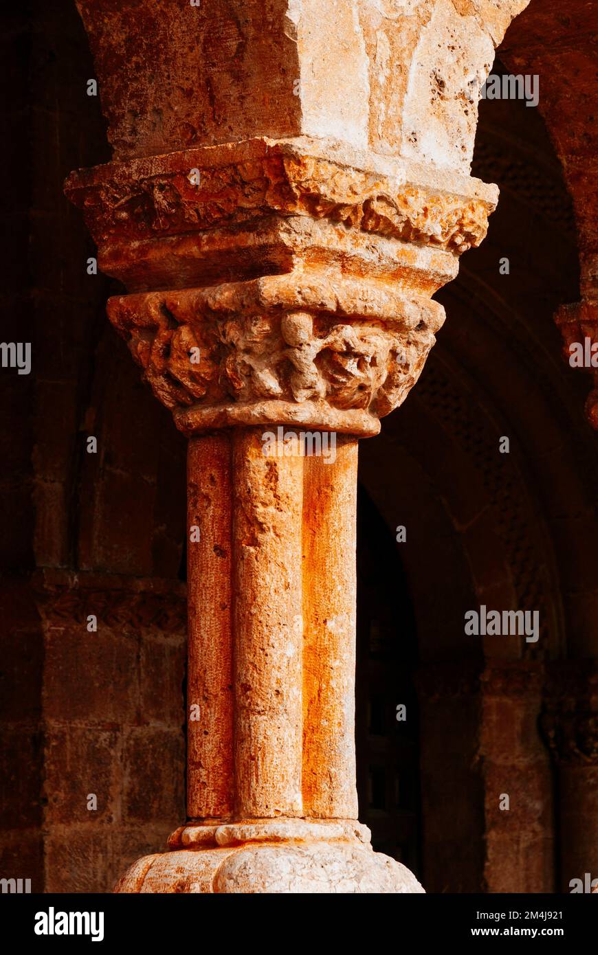 Capital detail. Church of San Miguel, historical-artistic monument, is located in Andaluz. Church of Romanesque origin whose construction began in the Stock Photo