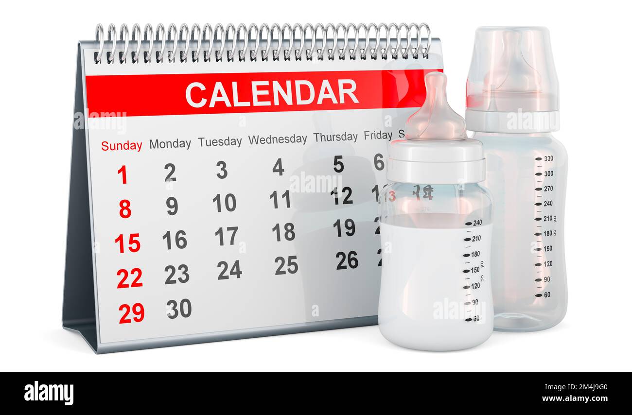 Baby bottles with desk calendar, 3D rendering isolated on white ...