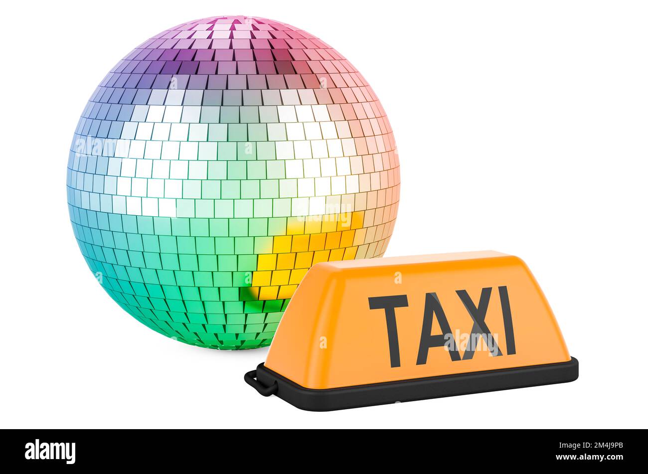 Disco taxi concept. Taxi car signboard with mirror disco ball, 3D