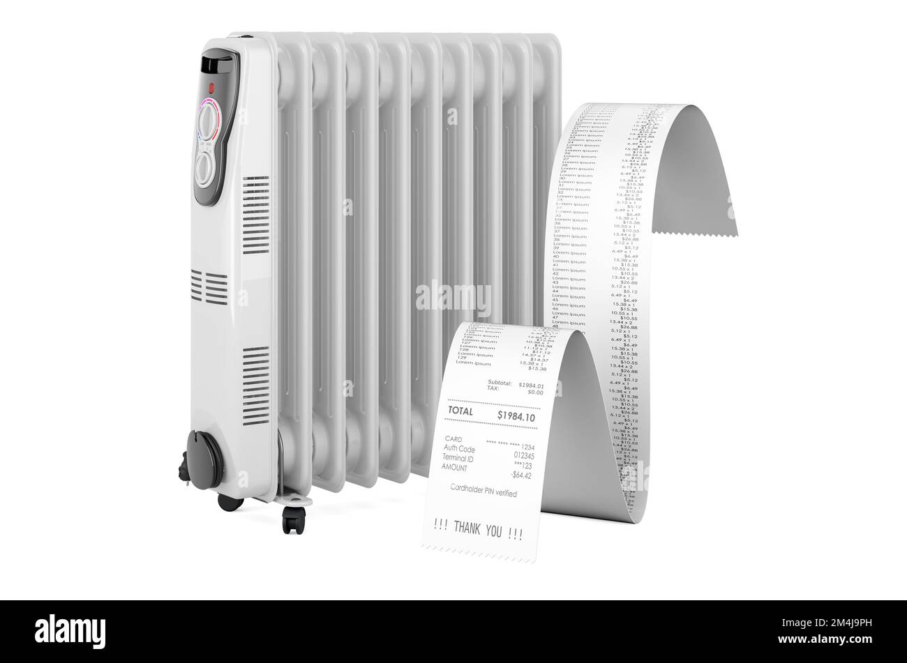 Oil heater with printed receipt. 3D rendering isolated on white