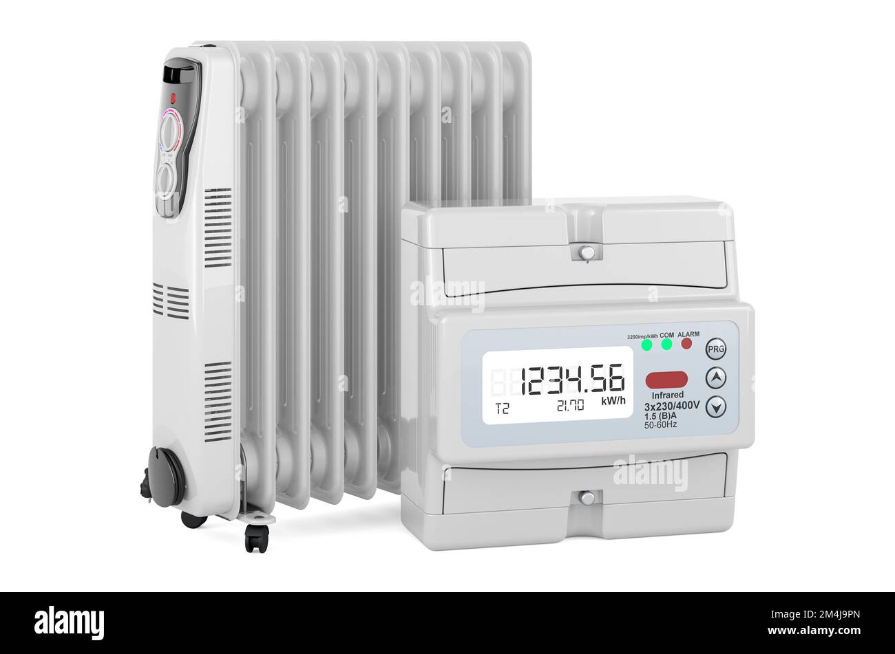 Oil heater with electric meter. Energy consumption concept. 3D rendering isolated on white