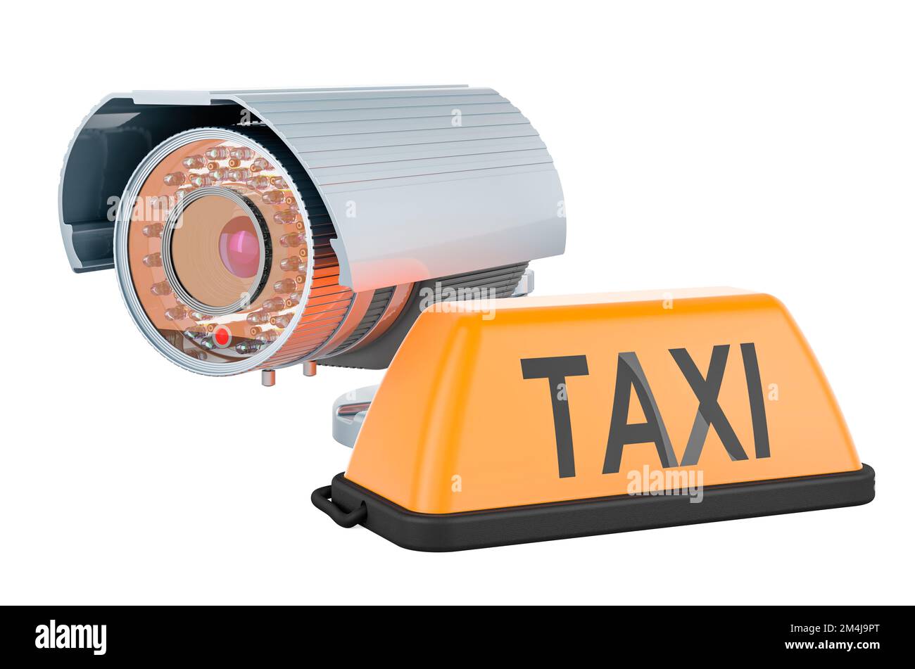 Security surveillance camera with taxi car signboard, 3D rendering isolated on white background