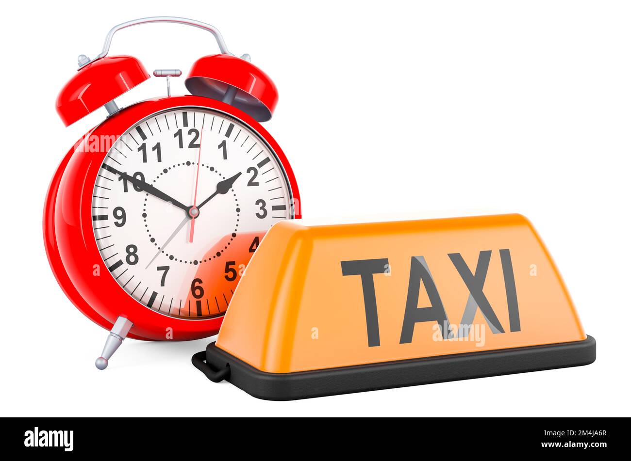 Yellow taxi car signboard with alarm clock, 3D rendering isolated on