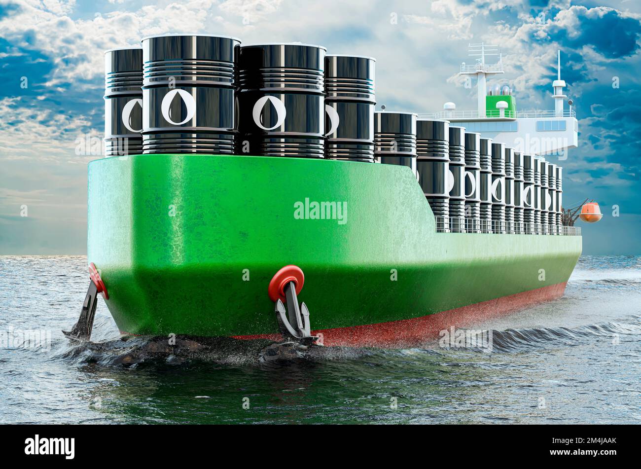 Oil tanker with oil barrels sailing in ocean, 3D rendering Stock Photo
