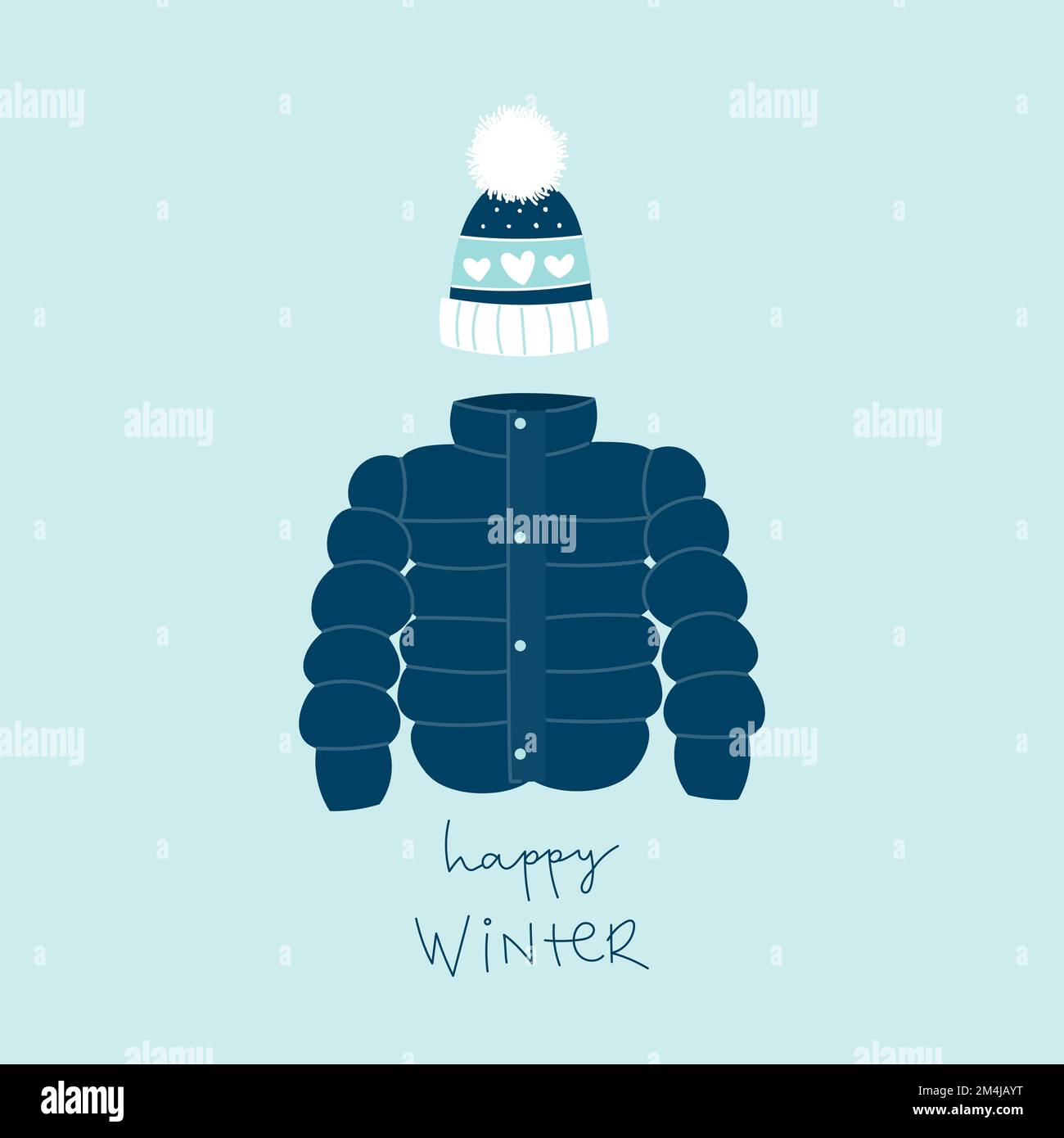 Happy Winter. Coat and wool hat for cold weather. Vector illustration
