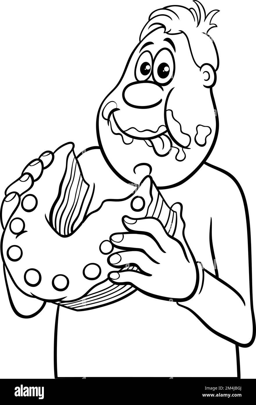 Black and white cartoon illustration of a man gorging on a delicious cake coloring page Stock Vector
