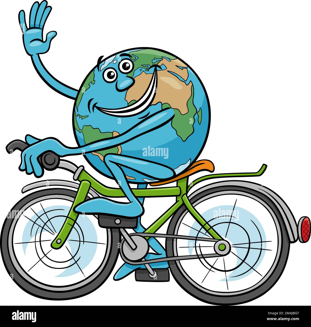 Cartoon illustration of Earth character riding a bicycle Stock Vector