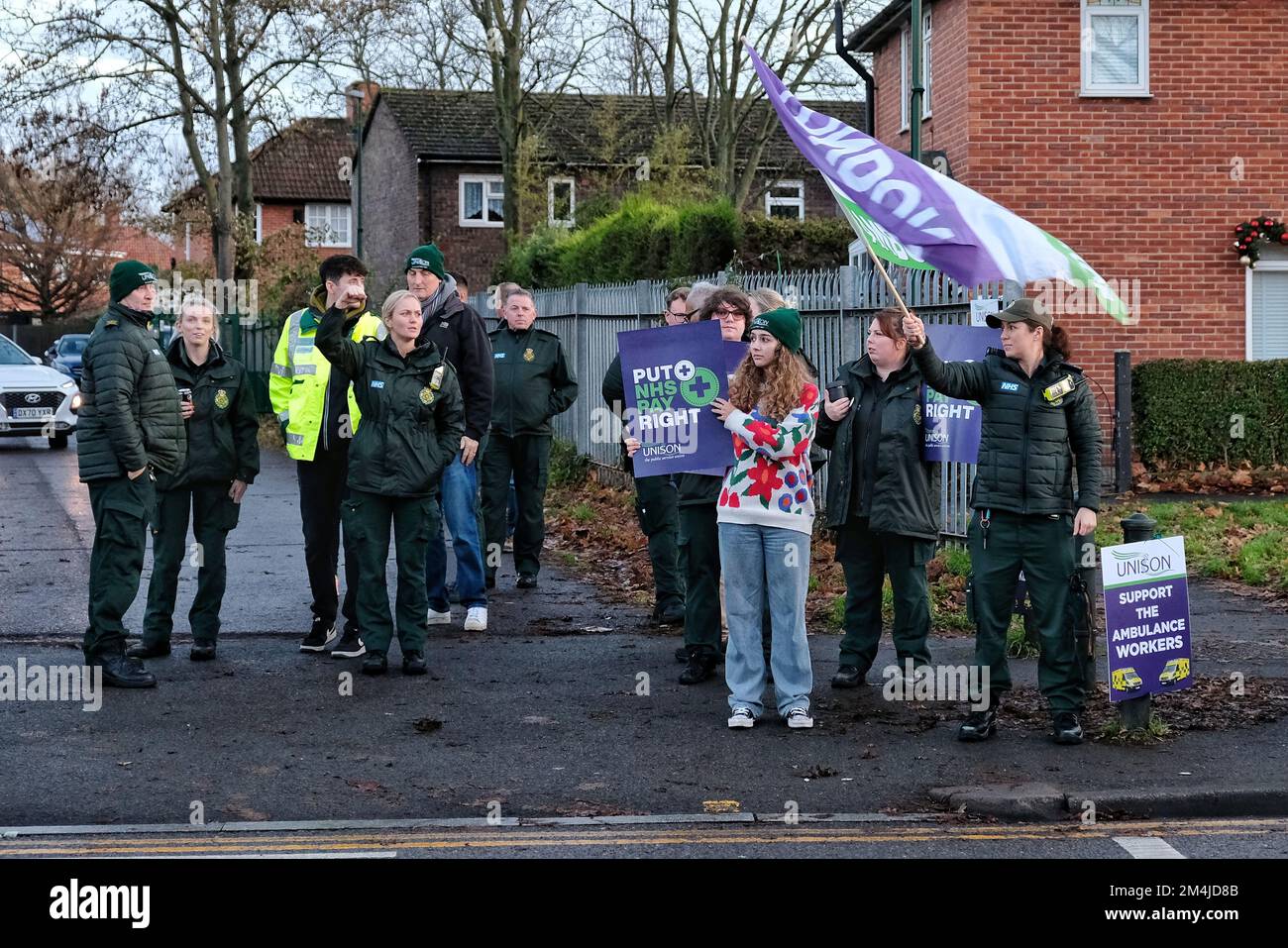 London, UK. Ambulance workers strike on a picket line at St Helier Ambulance Station over pay