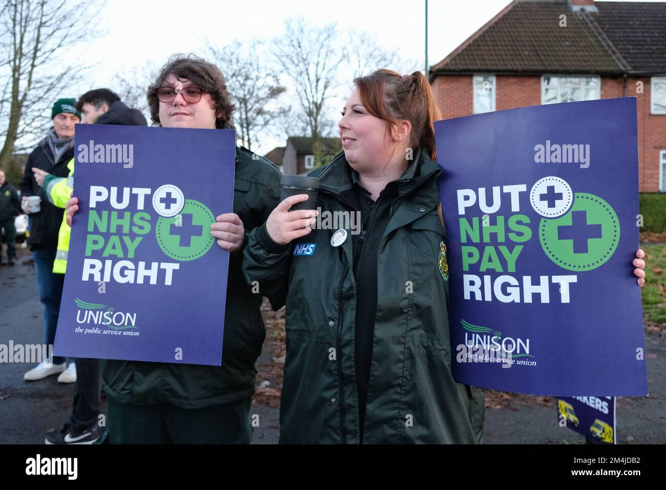 London, UK. Ambulance workers strike on a picket line at St Helier Ambulance Station over pay