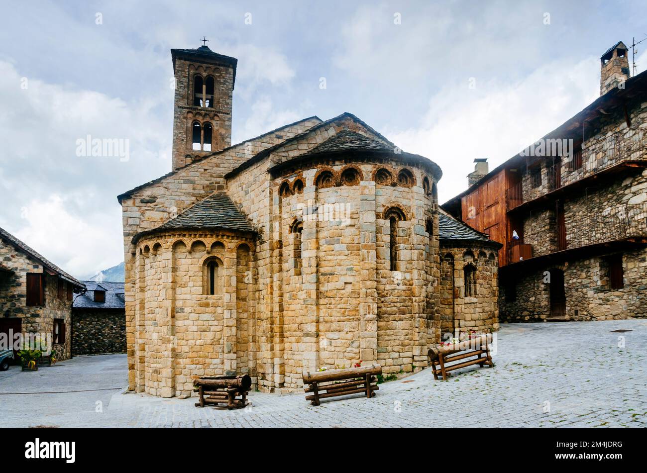 Santa Maria de Taüll is a Romanesque church situated in the territory of Vall de Boí. Taüll, Vall de Boí, Lérida,Catalonia, Spain, Europe. Stock Photo