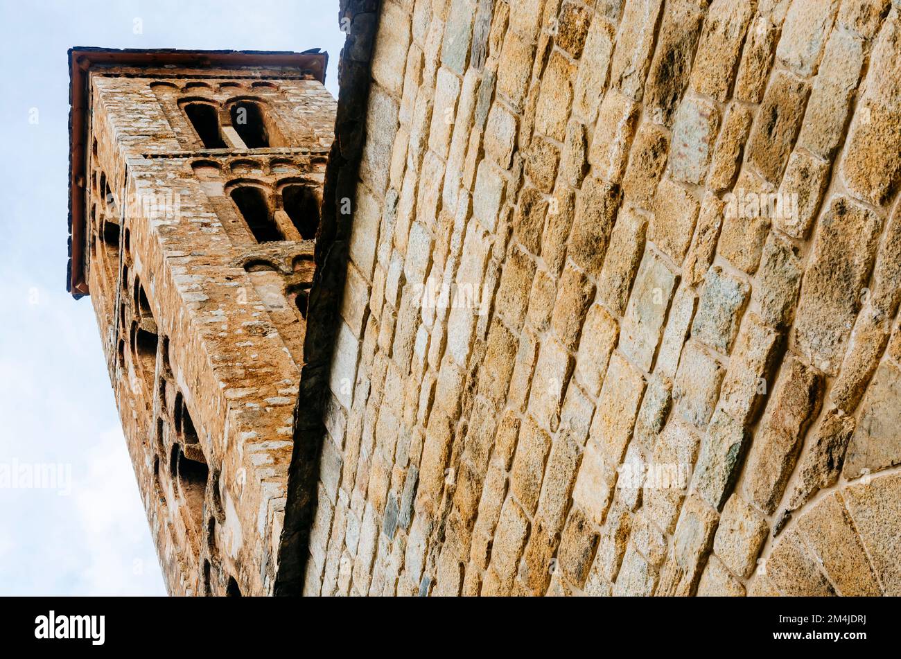 Detail of the bell tower. Santa Maria de Taüll is a Romanesque church situated in the territory of Vall de Boí. Taüll, Vall de Boí, Lérida,Catalonia, Stock Photo