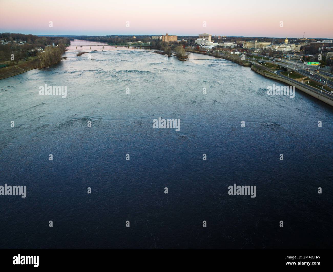 An aerial of river Delaware flowing through Trenton, New Jersey at