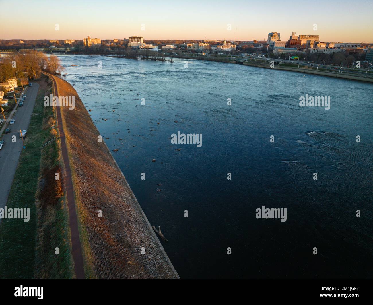 An aerial of river Delaware flowing through Trenton, New Jersey at