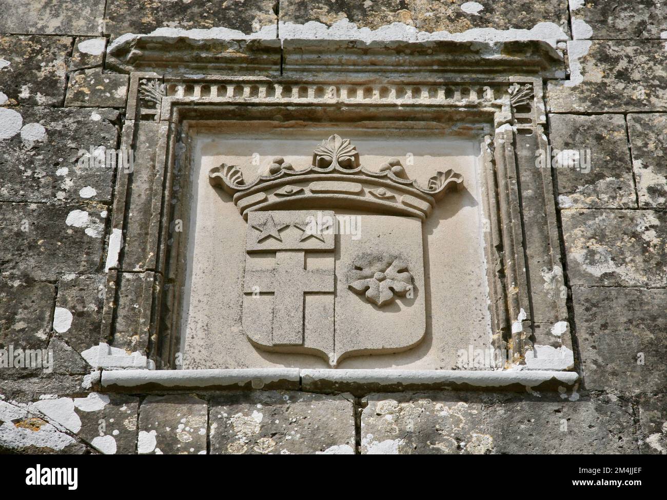 The ancient coat of arms at Chateau de Montfort, SaintLo, Normandy, France, Europe Stock Photo