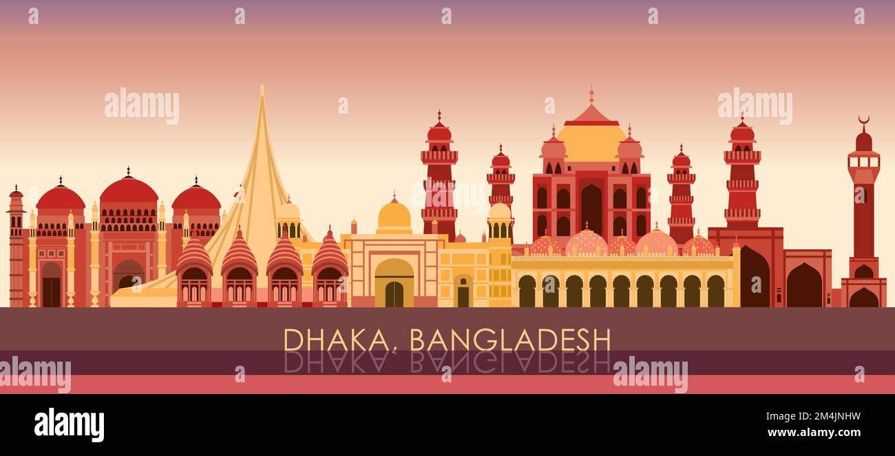 Sunset Skyline panorama of city of Dhaka, Bangladesh - vector illustration Stock Vector