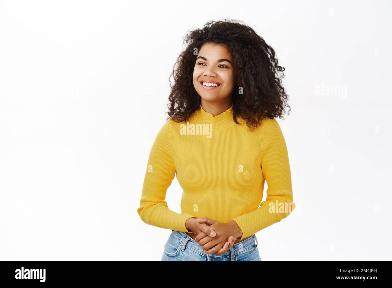 Portrait of beautiful african american girl with curly hair, laughing ...