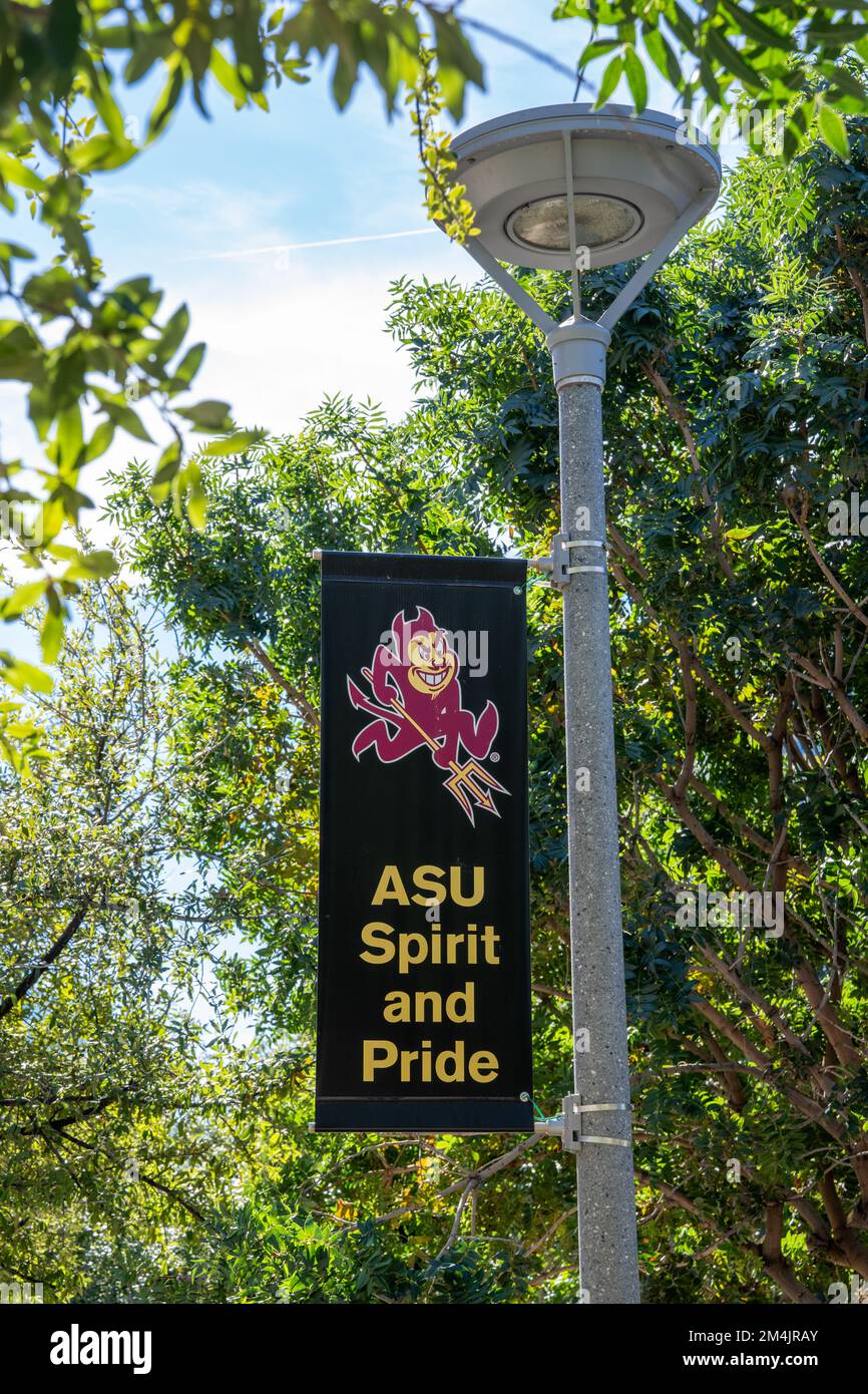 Phoenix, AZ - Nov. 11, 2022: Lamp post banner for ASU Spirit and Pride with Sparky the Sundevil logo Stock Photo