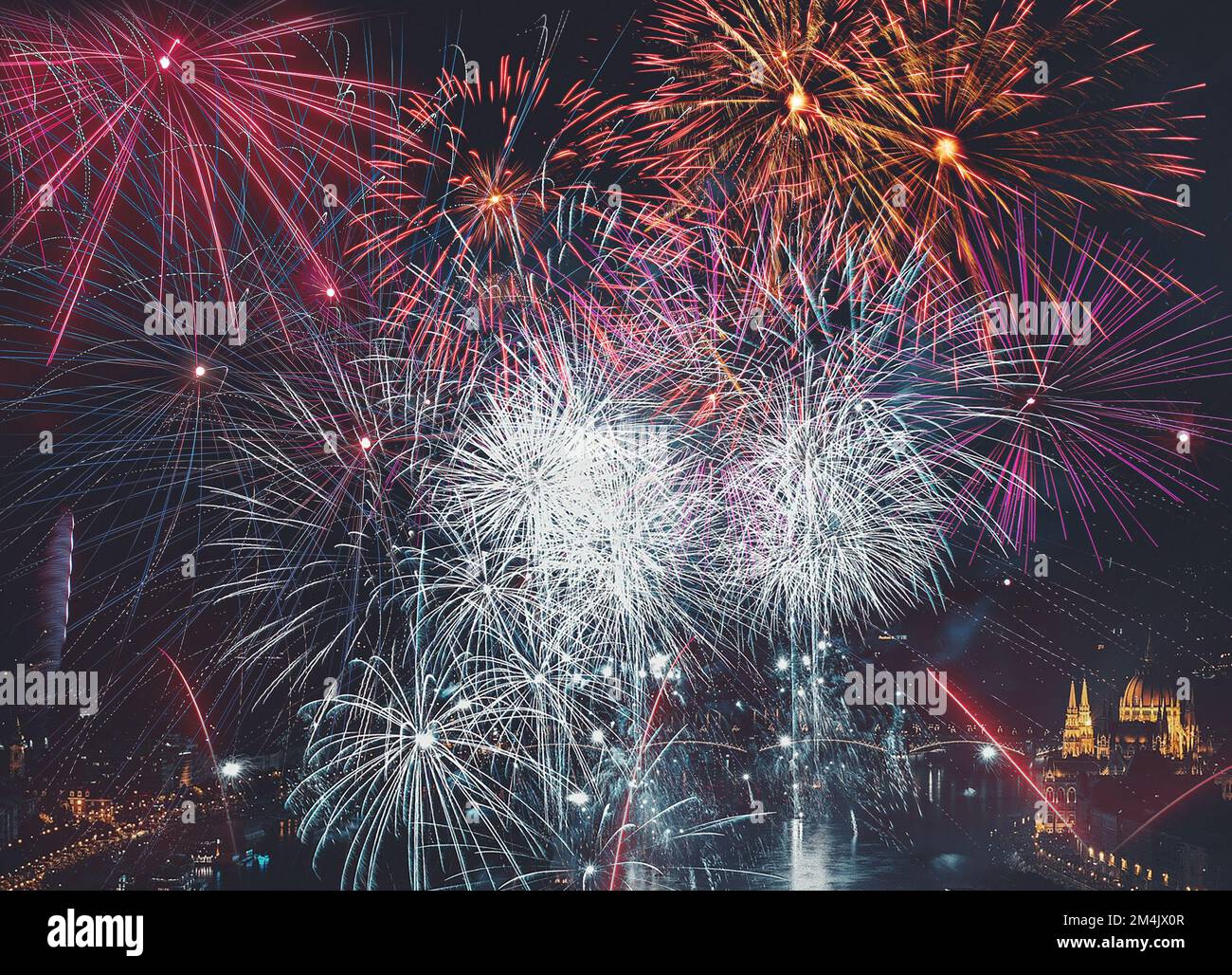 New Year fireworks background  in Budapest Stock Photo